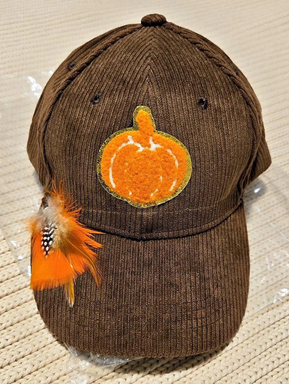 Judith March Pumpkin Feather Corduroy Trucker Hat